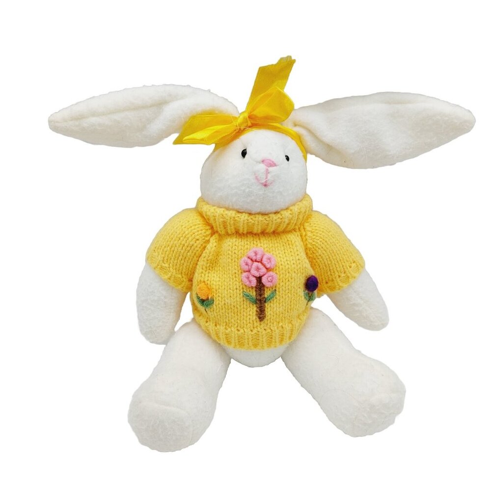 Delton Products White Rabbit Bunny Stuffed Plush Yellow Sweater 10" Easter
